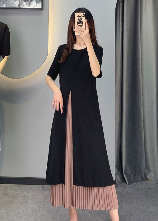 Women Black Chiffon Patchwork side open Dresses Short Sleeve