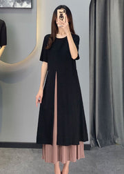 Women Black Chiffon Patchwork side open Dresses Short Sleeve