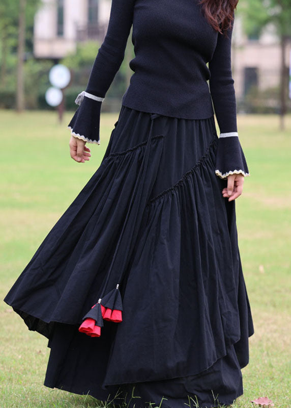 Women Black Cinched Patchwork Cotton Skirt Spring