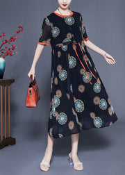 Women Black Cinched Print Chiffon Long Dress Summer