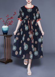 Women Black Cinched Print Chiffon Long Dress Summer