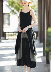 Women Black Colorblock Sied Open Cotton Spaghetti Strap Dresses Summer