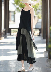 Women Black Colorblock Sied Open Cotton Spaghetti Strap Dresses Summer