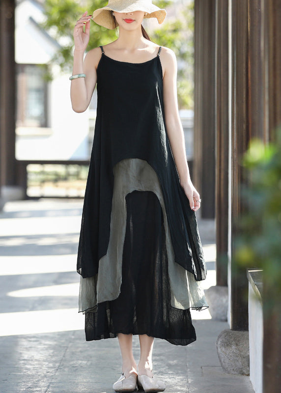 Women Black Colorblock Sied Open Cotton Spaghetti Strap Dresses Summer