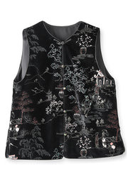 Women Black Embroidered Button Patchwork Silk Velour Waistcoat Fall