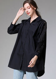 Women Black Embroideried Button Patchwork Top Fall