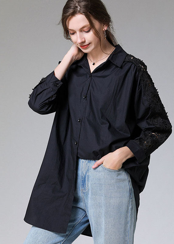 Women Black Embroideried Button Patchwork Top Fall