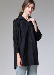 Women Black Embroideried Button Patchwork Top Fall