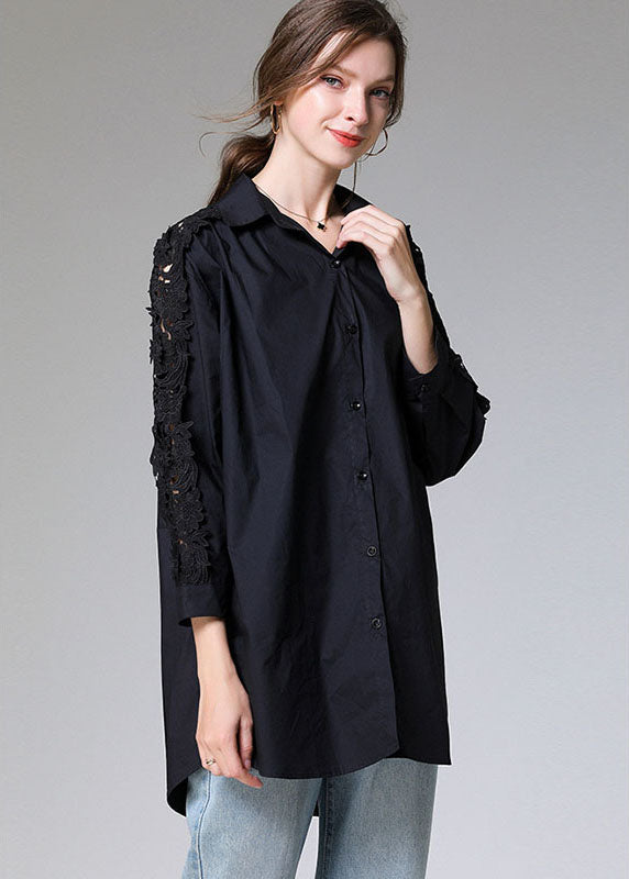 Women Black Embroideried Button Patchwork Top Fall