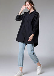 Women Black Embroideried Button Patchwork Top Fall