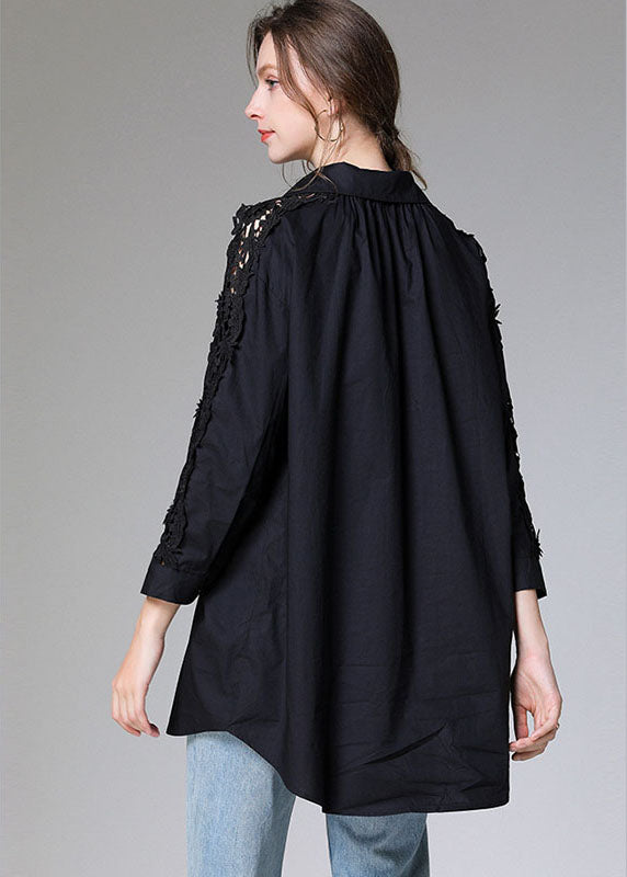 Women Black Embroideried Button Patchwork Top Fall