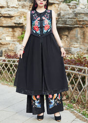 Women Black Embroidered Chinese Button Patchwork Silk Long Waistcoat Sleeveless