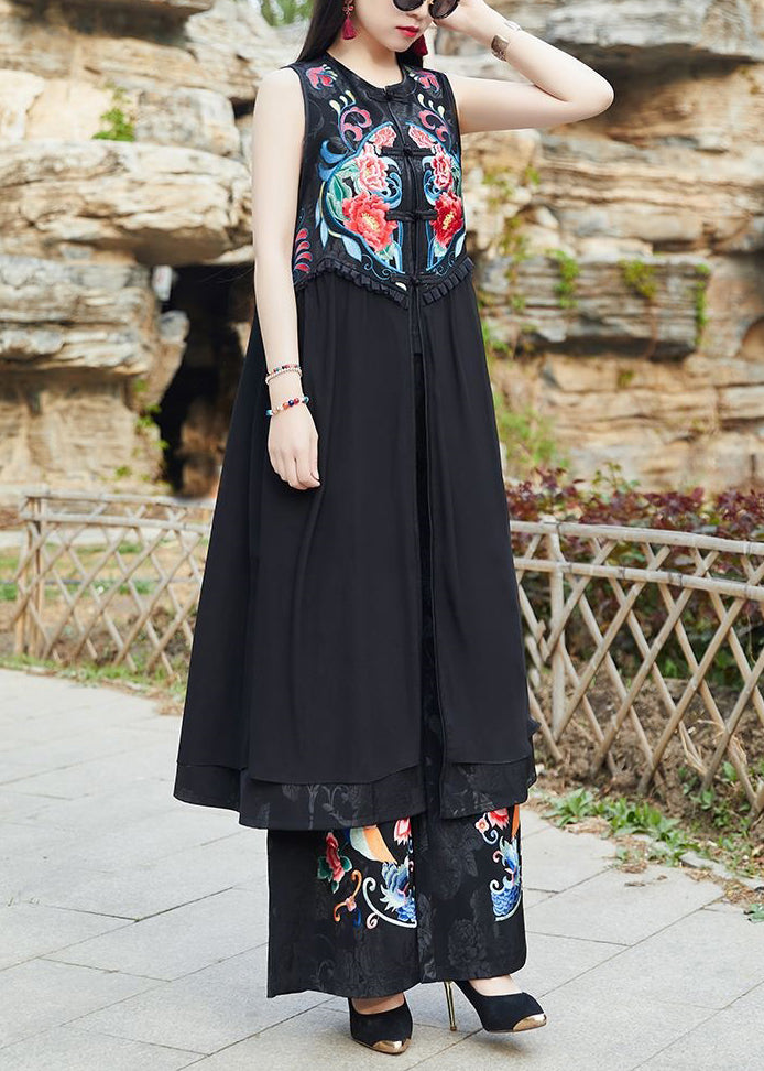 Women Black Embroidered Chinese Button Patchwork Silk Long Waistcoat Sleeveless