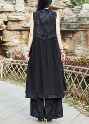 Women Black Embroidered Chinese Button Patchwork Silk Long Waistcoat Sleeveless