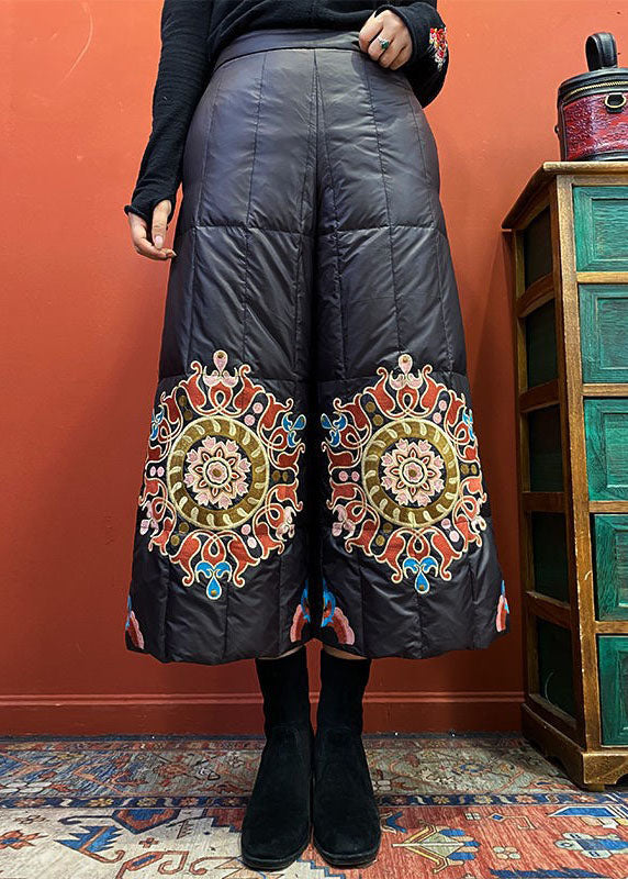 Women Black Embroideried Duck Down wide leg pants Winter