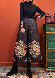 Women Black Embroideried Duck Down wide leg pants Winter