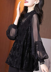 Women Black Embroidered Hollow Out Patchwork Lace Top Lantern Sleeve