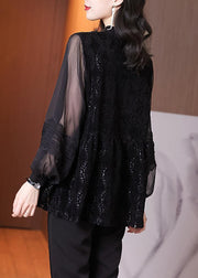 Women Black Embroidered Hollow Out Patchwork Lace Top Lantern Sleeve