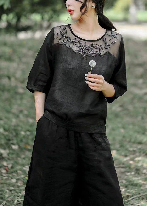 Women Black Embroidered Patchwork Linen 2 Piece Outfit Summer