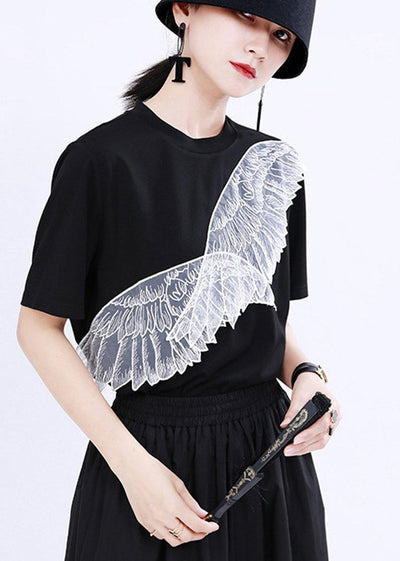 Women Black Embroidery Appliques Cotton Tee Summer - bagstylebliss