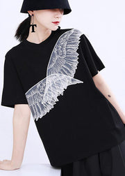 Women Black Embroidery Appliques Cotton Tee Summer - bagstylebliss