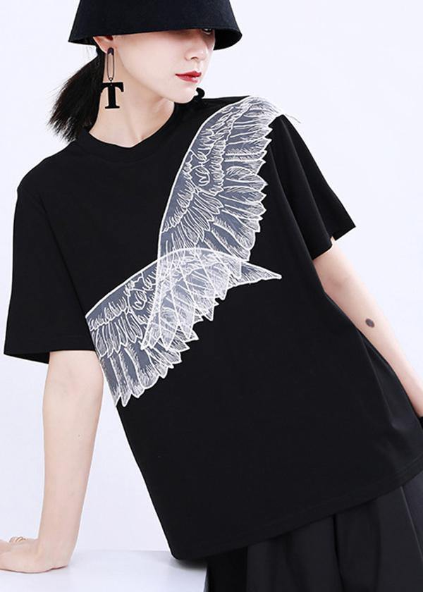 Women Black Embroidery Appliques Cotton Tee Summer - bagstylebliss