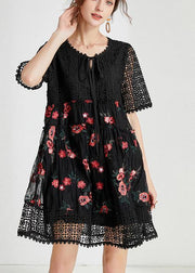 Women Black Embroidery Lace Bow Summer Dress - bagstylebliss