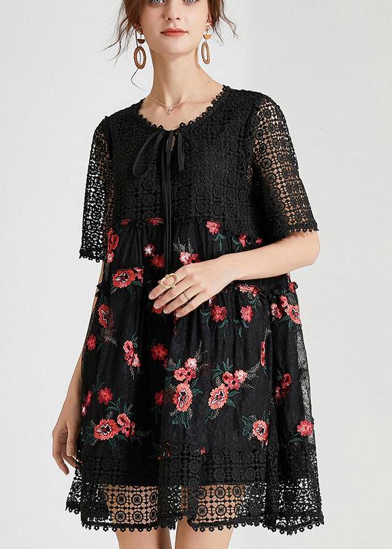 Women Black Embroidery Lace Bow Summer Dress - bagstylebliss