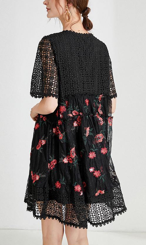 Women Black Embroidery Lace Bow Summer Dress - bagstylebliss