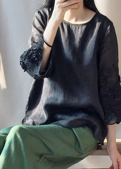 Women Black Embroidery Tunics O Neck Plus Size Clothing Tops - bagstylebliss