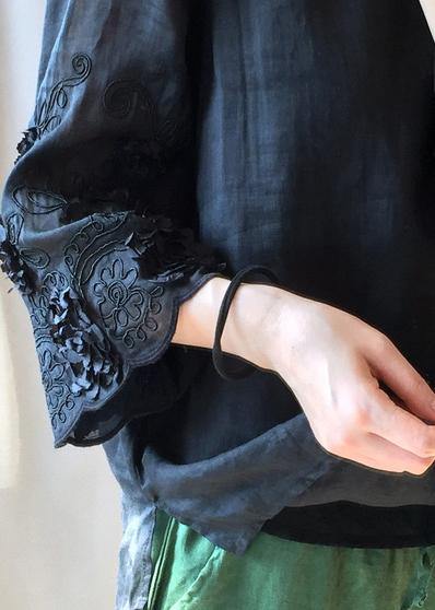 Women Black Embroidery Tunics O Neck Plus Size Clothing Tops - bagstylebliss