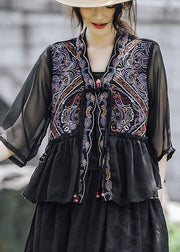 Women Black Ethnic Style Embroidered Ruffled Linen Silk Blouse Tops Summer