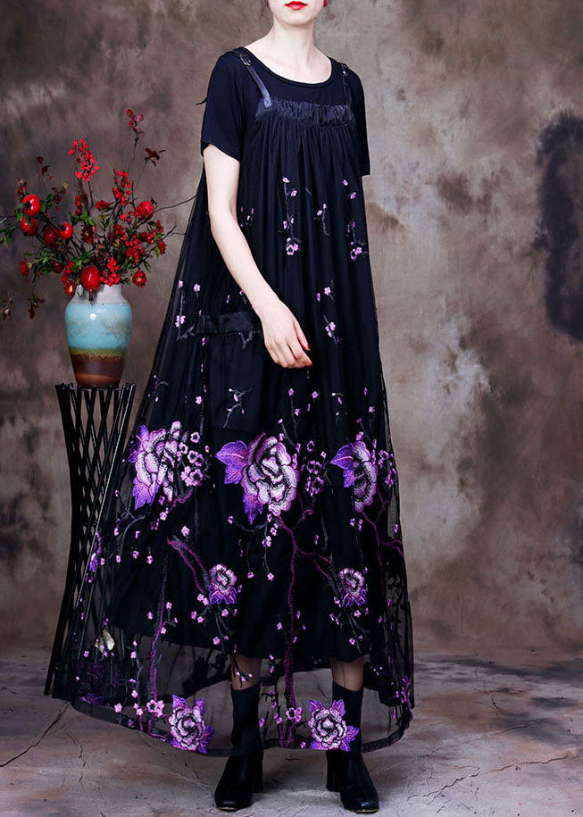 Women Black Floral Embroideried Pockets Lace Two Pieces Set Summer