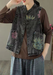 Women Black Grey Neck Print Denim Waistcoat Fall