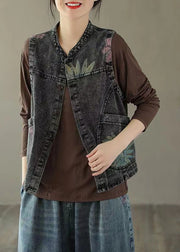 Women Black Grey Neck Print Denim Waistcoat Fall