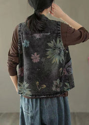 Women Black Grey Neck Print Denim Waistcoat Fall