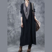 Women Black Grey V Neck Pockets Patchwork Fall Knit Long Sleeve Dress