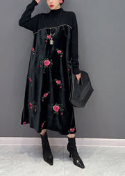 Women Black High Neck Embroidered Knit Patchwork Silk Velour Dress Spring