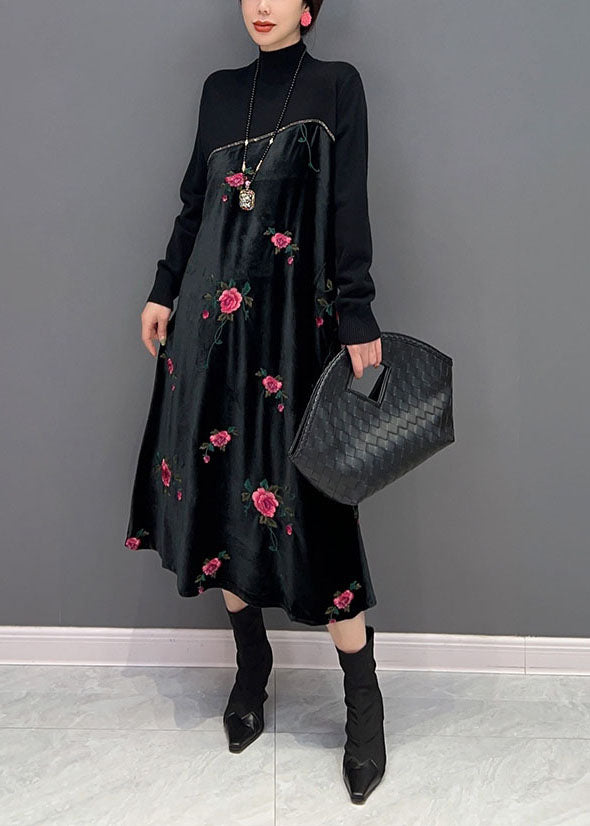 Women Black High Neck Embroidered Knit Patchwork Silk Velour Dress Spring