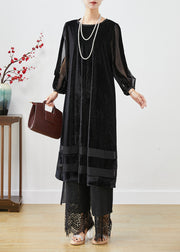 Women Black Hollow Out Patchwork Silk Velour Maxi Dresses Bracelet Sleeve