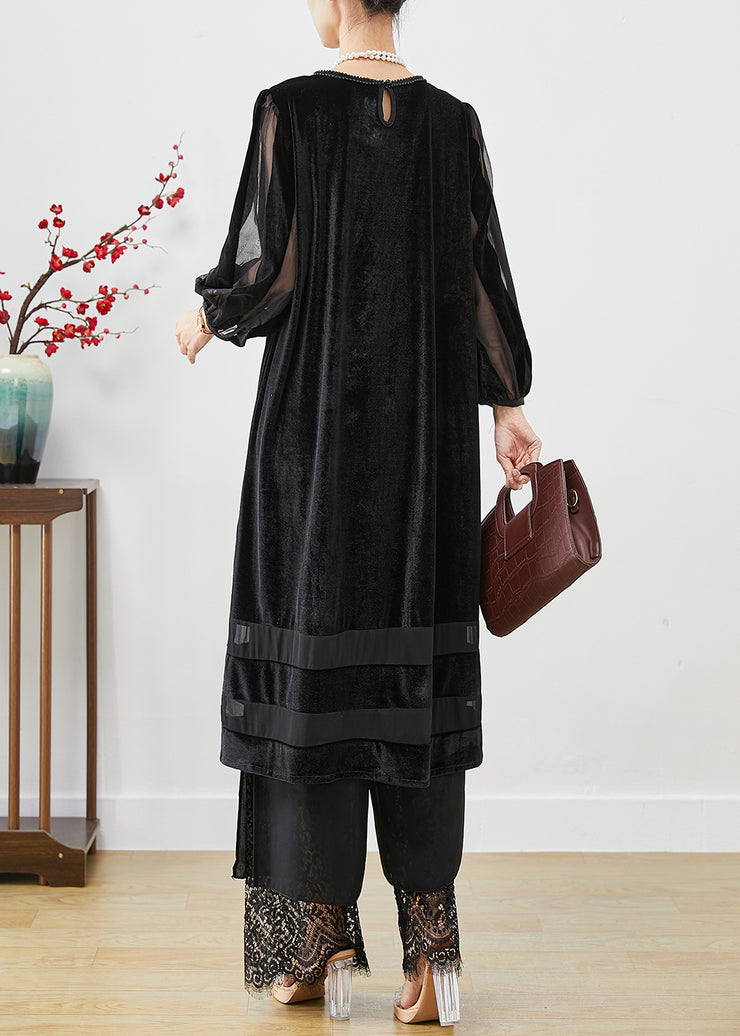 Women Black Hollow Out Patchwork Silk Velour Maxi Dresses Bracelet Sleeve