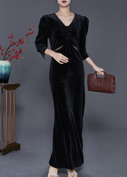 Women Black Hollow Out Silm Fit Silk Velour Long Dresses Fall