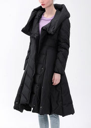 Women Black Hooded Asymmetrical Button Duck Down Coat Winter