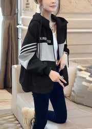 Women Black Hooded Patchwork Cotton Coats Long Sleeve