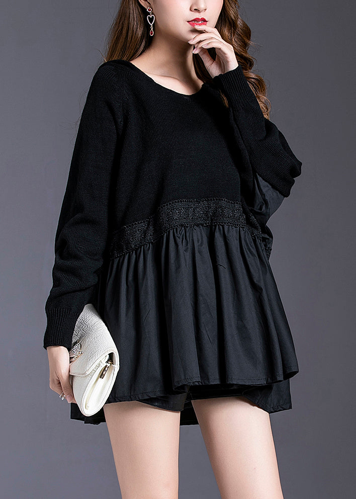 Women Black Hooded Patchwork Knit Pullover Spring