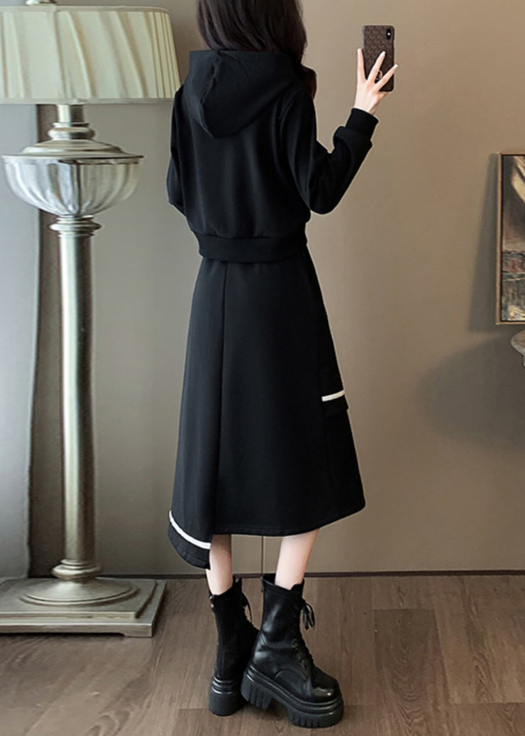 Women Black Hooded Sweatshirt And Skirts Cotton Two Piece Set Spring