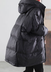 Women Black Hooded drawstring Duck Down Jacket Winter