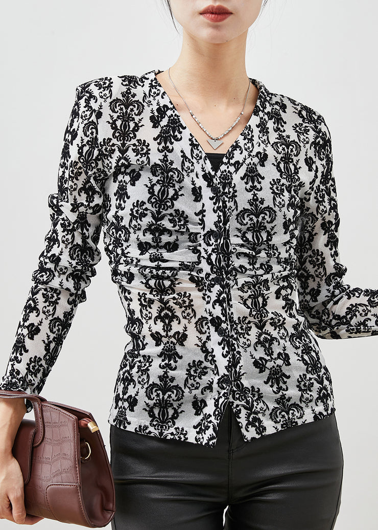 Women Black Jacquard Silm Fit Cotton Blouses Spring