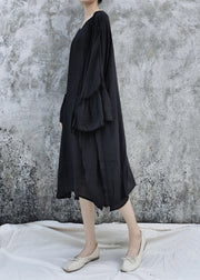 Women Black Linen Loose Cardigan And Spaghetti Strap Dress Two Pieces Set flare sleeve