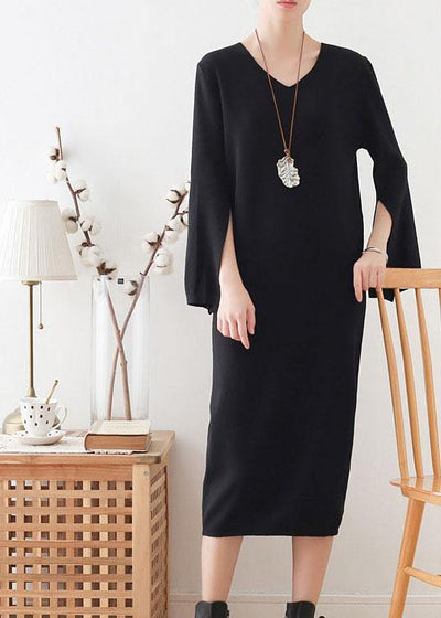 Women Black Long Sleeve Fall Slim fit Knit Dress - bagstylebliss